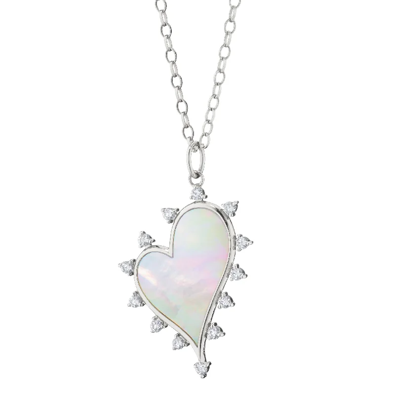 Overhand knot necklaces-Large Mother of Pearl Heart Necklace with White Sapphires