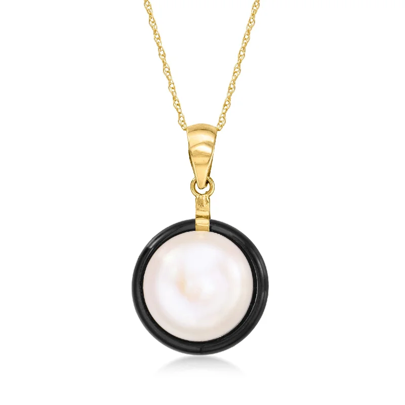 Raised bar necklaces-Ross-Simons 12mm Bezel-Set Cultured Pearl and 16mm Onyx Pendant Necklace in 14kt Yellow Gold