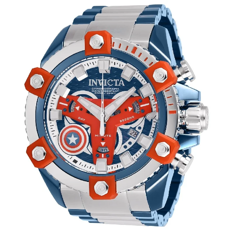 Worn style watches-Invicta Men's 26763 Marvel Captain America Automatic Blue and Silver Stainless Steel Watch